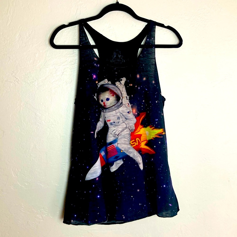 Cool Space Cat Semi Sheer Black Tank Top L